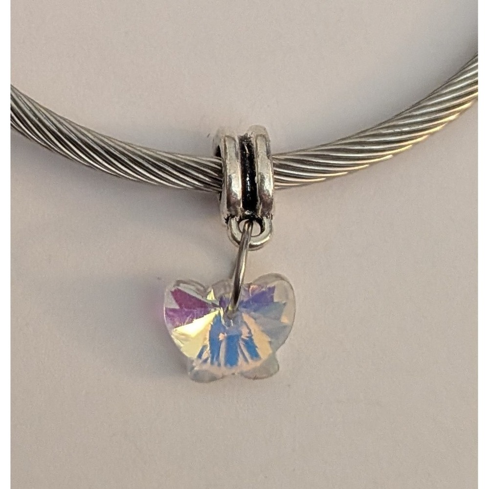 Silver Tone Cable Wire Choker Necklace Iridescent Crystal Butterfly Charm AB